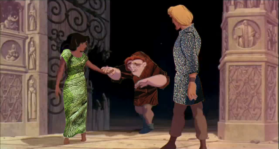 Disney Hunchback characters cosplaying as Notre Dame de Paris Esmeralda, Quasimodo, Phoebus picture image