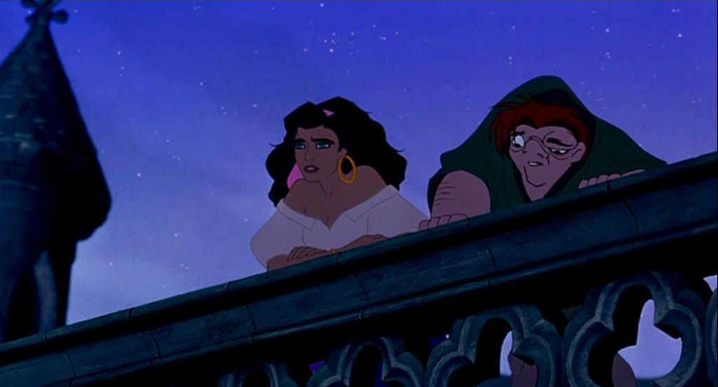 Esmeralda and Quasimodo looking over teh edge of Notre dame Disney Hunchabck of Notre Dame