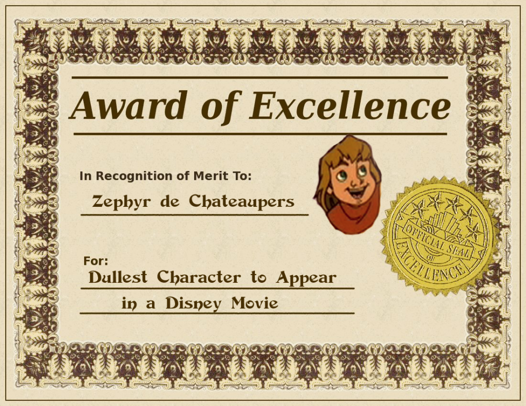 Zephyr's Award for Dullest Character Hunchback of Notre Dame sequel 2 II Disney picture image