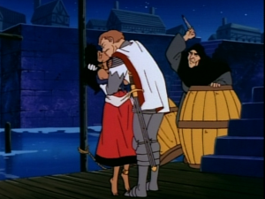 Frollo attack while Esmeralda and Phoebus embrace, Jetlag version of The Hunchback of Notre Dame picture image