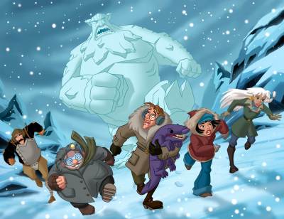 Atlantis; Milo's Return gang running from a snowman picture image