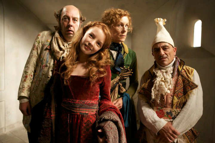 Dakota Blue Richards as Maria Merryweather, Juliet Stevenson as Miss Heliotrope, Michael Webber as Digweed and Andy Linden as Marmaduke Scarlet The Secret of Moonacre picture image