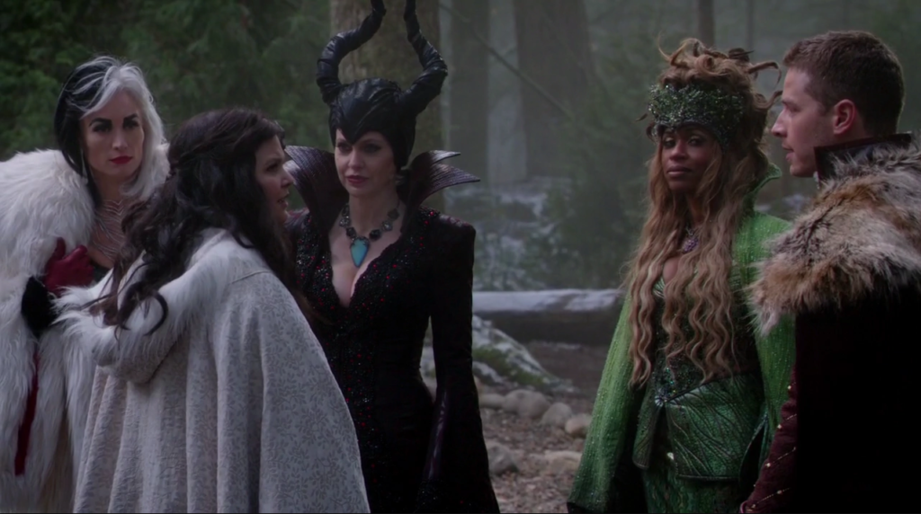 Kristin Bauer van Straten as Maleficent, Victoria Smurfit as Cruella De Vil, Merrin Dungey as Ursula, Ginnifer Goodwin as Snow White and Josh Dallas as David Once Upon A Time Season 04 Episode 14 Unforgiven picture image