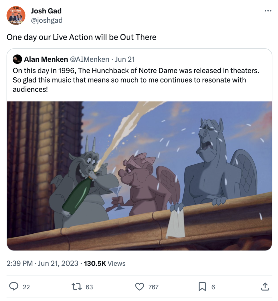 A Tweet from Josh Gad on June 21st 2023 about the Hunchback Live Action Remake