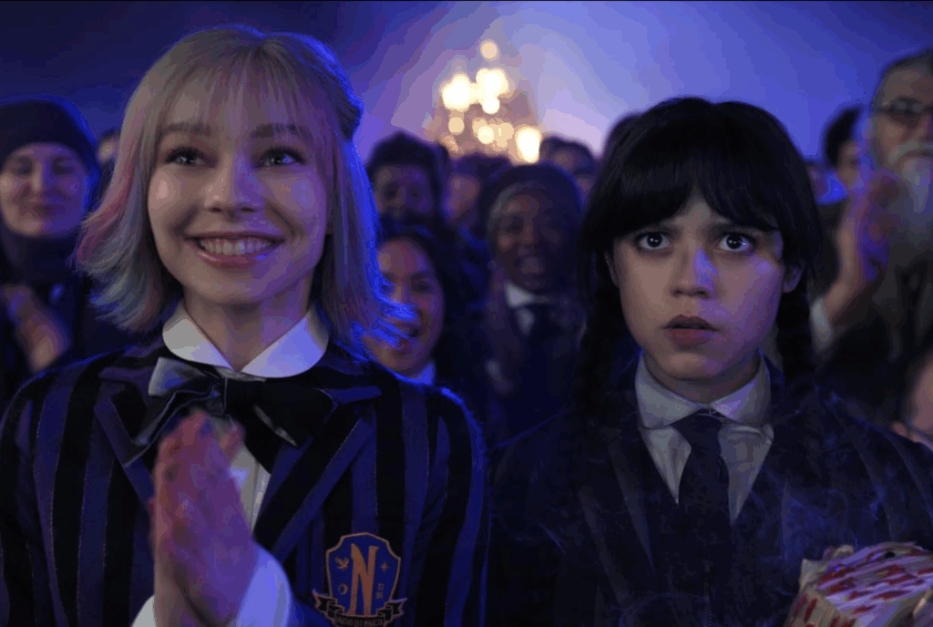 Emma Myers as Enid Sinclair & Jenna Ortega as Wednesday Addams (Netflix Series Season 2 2025, Season 2, Episode 1)
