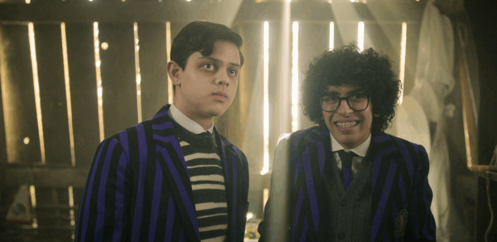 Isaac Ordonez as Pugsley Addams & Moosa Mostafa as Eugene Ottinger (Netflix Series Season 2 2025, Season 2, Episode 2)