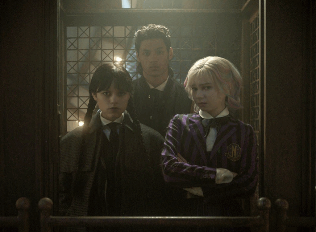 Noah Taylor as Bruno Yuson, Jenna Ortega as Wednesday Addams & Emma Myers as Enid Sinclair (Netflix Series Season 2 2025, Season 2, Episode 2)