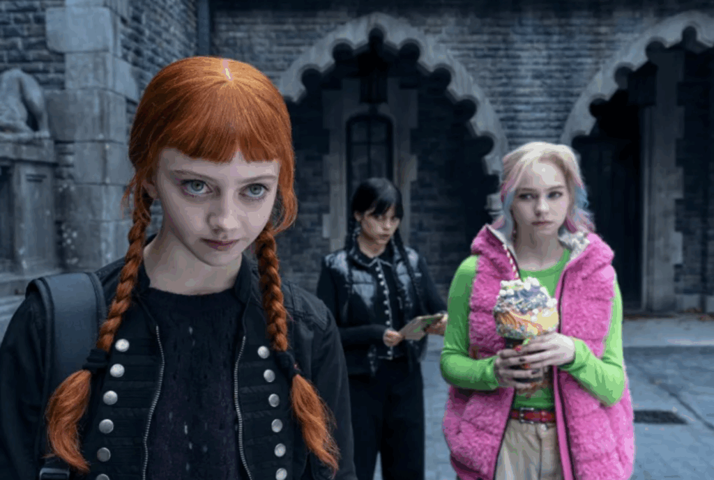 Evie Templeton as Agnes DeMille, Emma Myers as Enid Sinclair & Jenna Ortega as Wednesday Addams (Netflix Series Season 2 2025, Season 2, Episode 3)