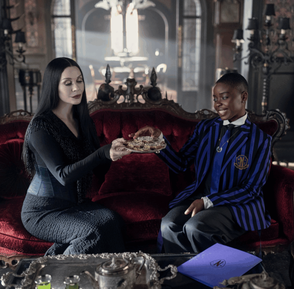 Catherine Zeta-Jones as Morticia Addams & Joy Sunday as Bianca Barclay (Netflix Series Season 2 2025, Season 2)