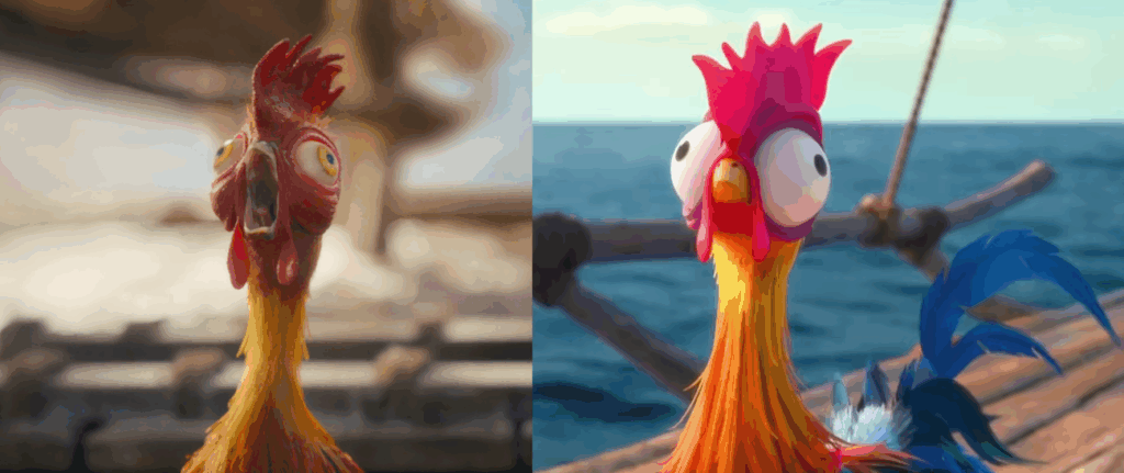 The original 2016 version of Heihei from Moana with his 3D photo-realistic rendering from the 2026 Moana Remake