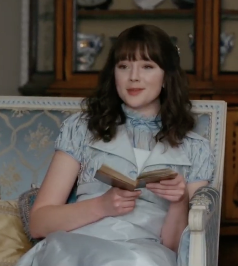 Claudia Jessie as Eloise Bridgerton, Season 2 Bridgerton (2020-2022), Best Costumes, Gowns, Dresses, and Outfits, Blue dress & waistcoat