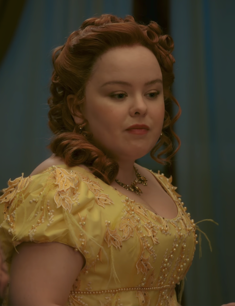 Nicola Coughlan as Penelope Featherington, Season 2 "Bridgerton" (2020-2022), Best Costumes, Gowns, Dresses, and Outfits, Feathered Dinner Gown
