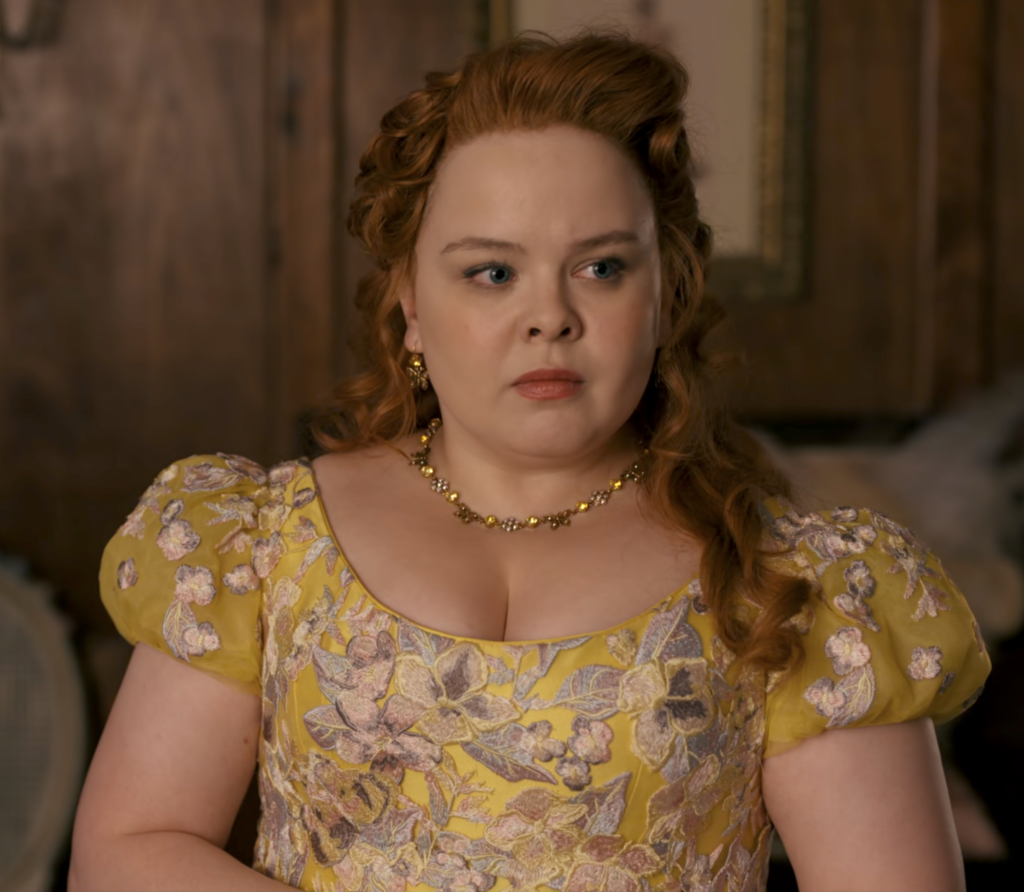 Nicola Coughlan as Penelope Featherington, Season 2 Bridgerton (2020-2022), Best Costumes, Gowns, Dresses, and Outfits, Yellow Lace Dress