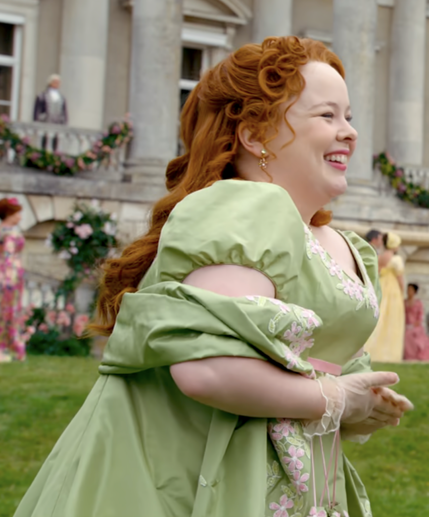 Nicola Coughlan as Penelope Featherington, Season 2 Bridgerton (2020-2022), Best Costumes, Gowns, Dresses, and Outfits, Green Dress at Aubrey Hall