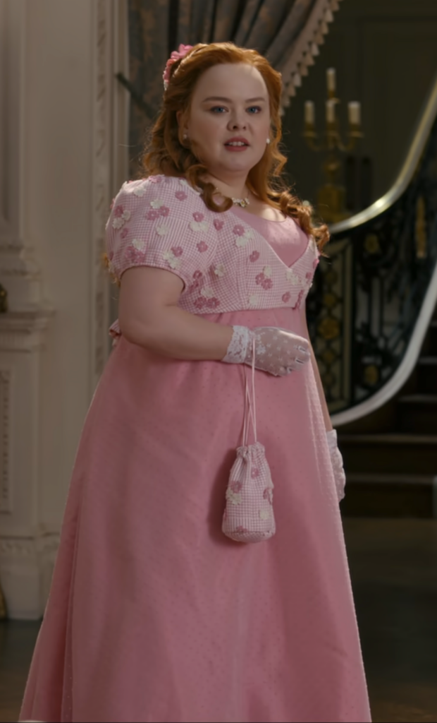 Nicola Coughlan as Penelope Featherington, Season 2 "Bridgerton" (2020-2022), Best Costumes, Gowns, Dresses, and Outfits, Pink Strolling Outfit
