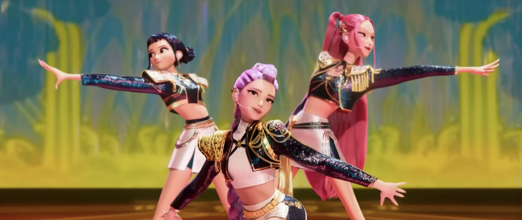 Huntrix Zoey, Rumi, and Mira performing Golden from Kpop Demon Hunters (2025), Movie Review