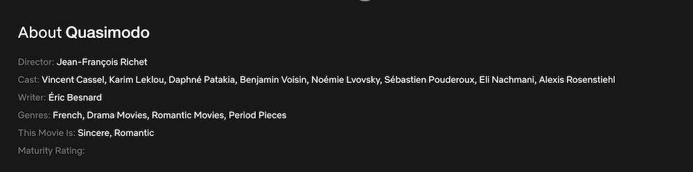 Info for Richet's Quasimodo on Netflix