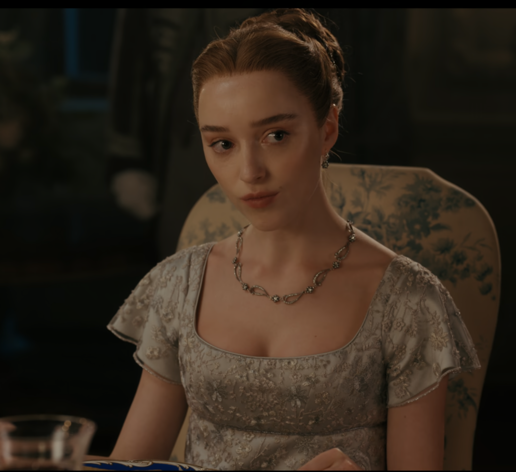 Phoebe Dynevor as Daphne Basset Duchess of Hasting, Season 2 Bridgerton (2020-2022), Best Costumes, Gowns, Dresses, and Outfits, silver gown