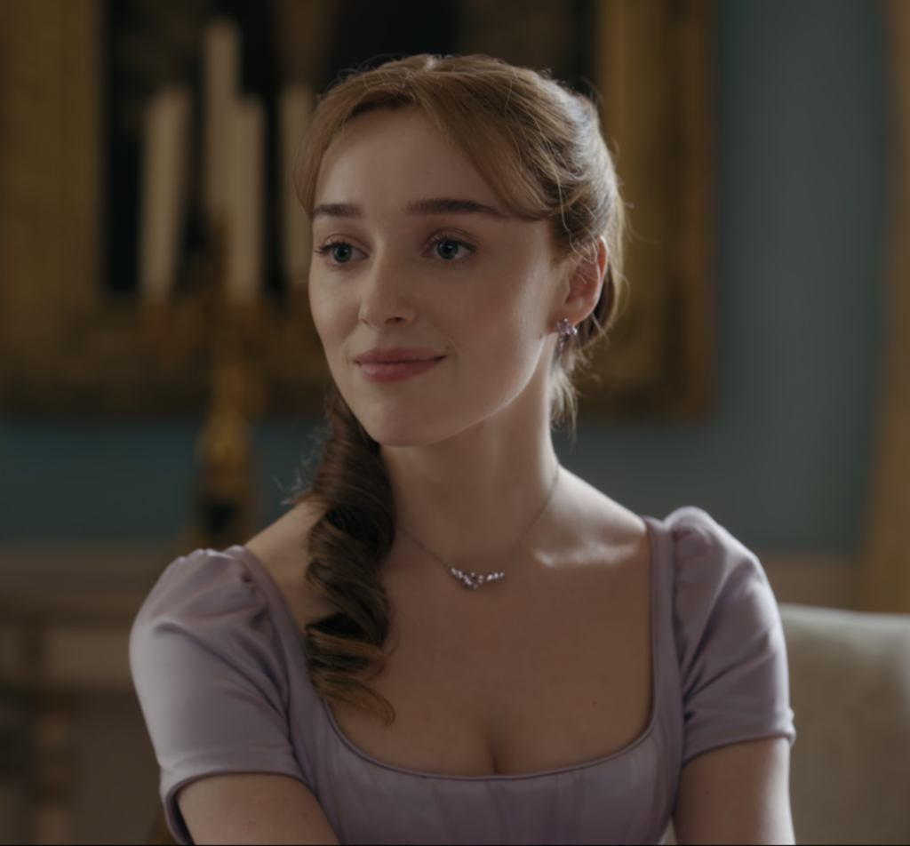 Phoebe Dynevor as Daphne Basset Duchess of Hasting, Season 2 Bridgerton (2020-2022), Best Costumes, Gowns, Dresses, and Outfits, purple dress