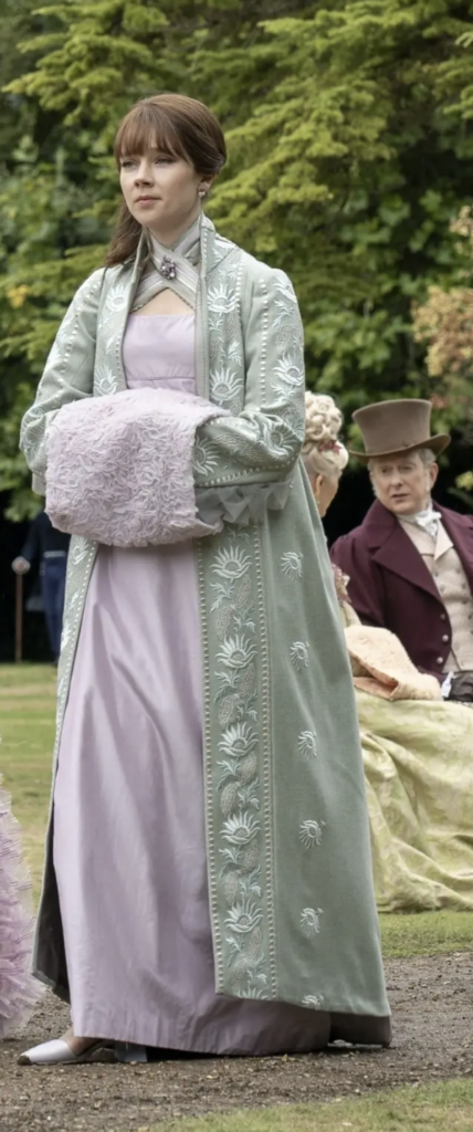 Claudia Jessie as Eloise Bridgerton, Season 3 "Bridgerton" (2020-2024), Best Costumes, Gowns, Dresses, and Outfits, Green Lotus Coat with Purple Dress