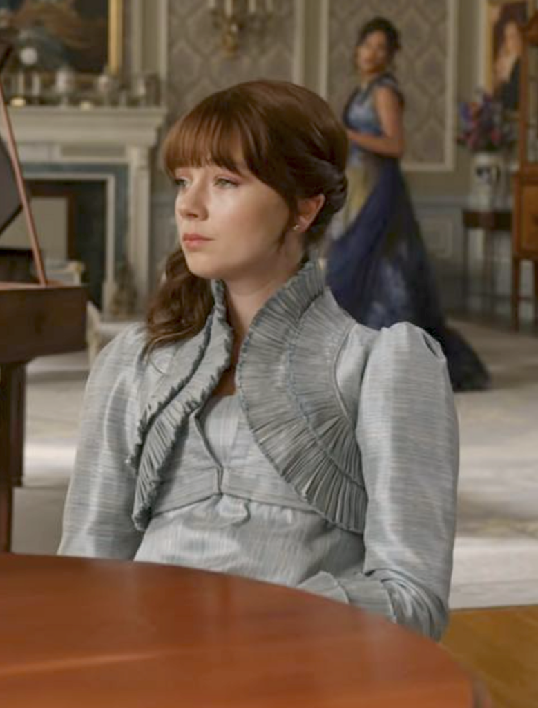 Claudia Jessie as Eloise Bridgerton, Season 3 "Bridgerton" (2020-2024), Best Costumes, Gowns, Dresses, and Outfits, Blue Pleated Waistcoat with matching Dress Outfit