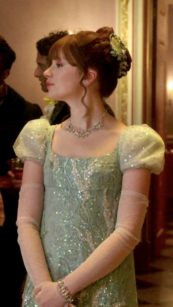 Claudia Jessie as Eloise Bridgerton, Season 3 "Bridgerton" (2020-2024), Best Costumes, Gowns, Dresses, and Outfits, Dankworth/Finch Green Ball Gown with silver birds