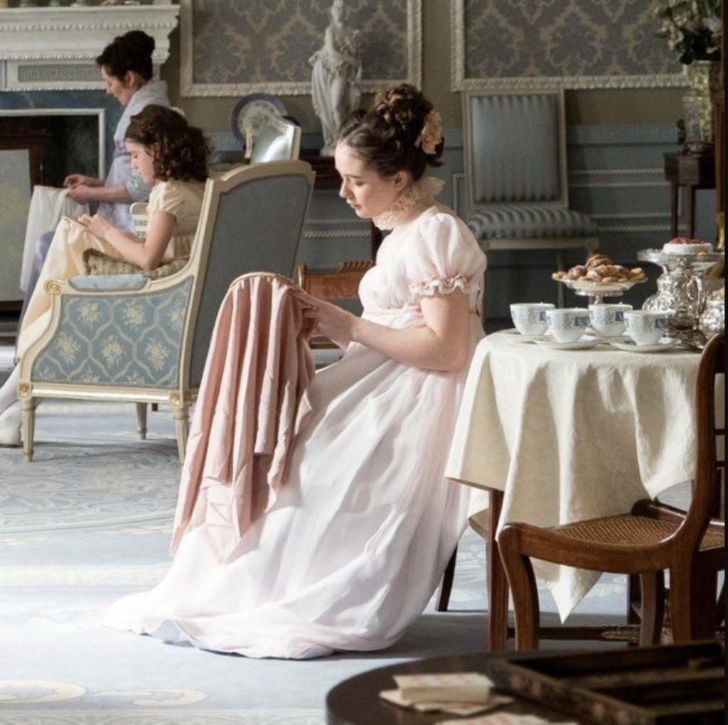 Ruby Stokes as Francesca Bridgerton Season 2 Bridgerton (2020-2022), Best Costumes, Gowns, Dresses, and Outfits, light pink frilly dress