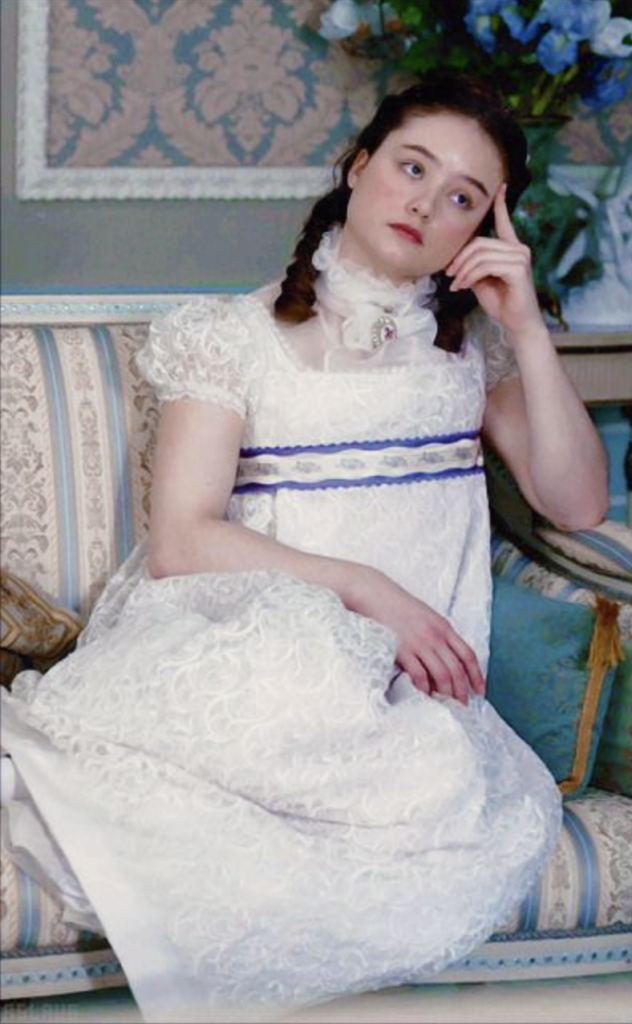 Ruby Stokes as Francesca Bridgerton Season 2 Bridgerton (2020-2022), Best Costumes, Gowns, Dresses, and Outfits, white lace dress