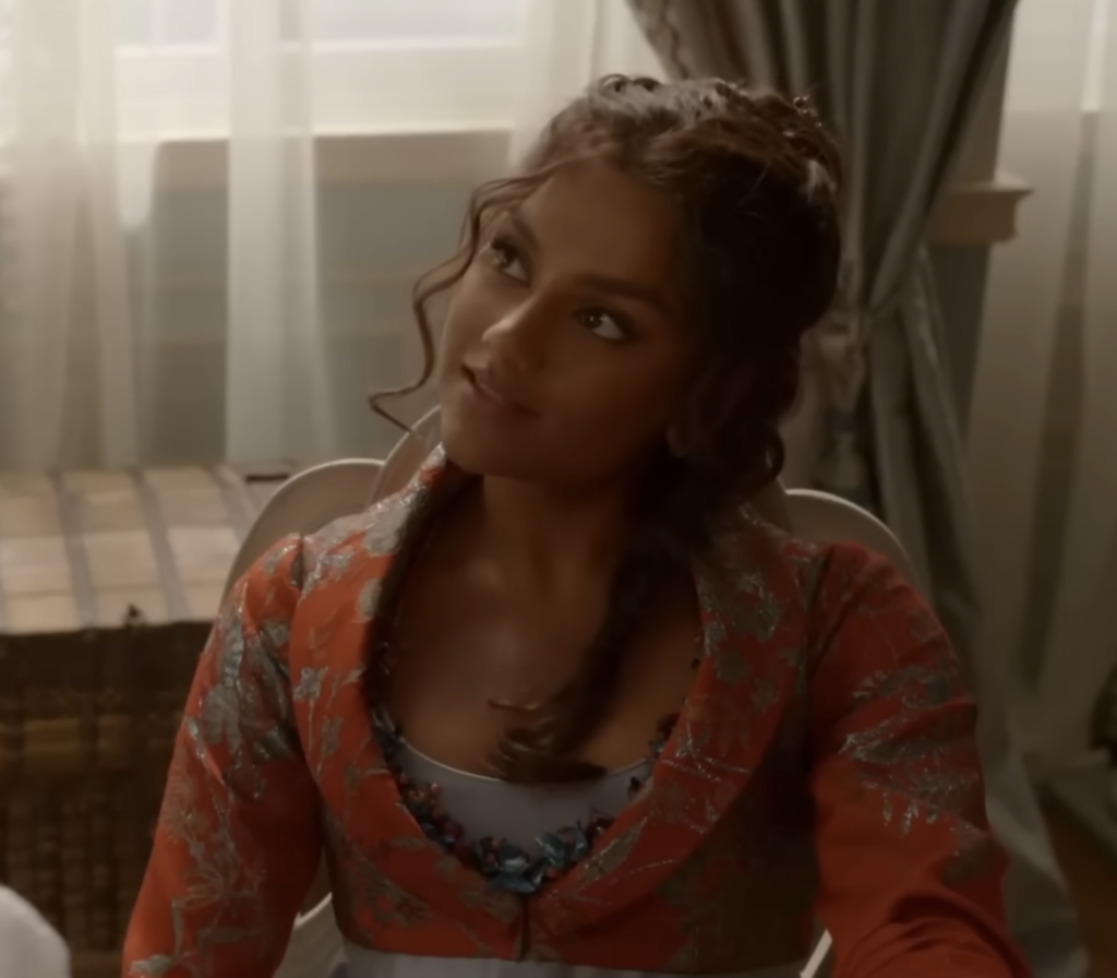 Simone Ashley as Kate Sharma Bridgerton Season 3 "Bridgerton" (2020-2024), The Viscountess Best Costumes, Gowns, Dresses, and Outfits, Orange Spencer with Blue Dress