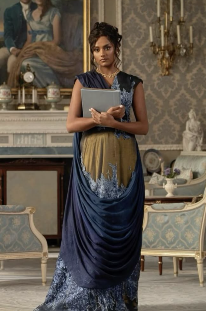 Simone Ashley as Kate Sharma Bridgerton Season 3 "Bridgerton" (2020-2024), The Viscountess Best Costumes, Gowns, Dresses, and Outfits, Blue Draped Dress