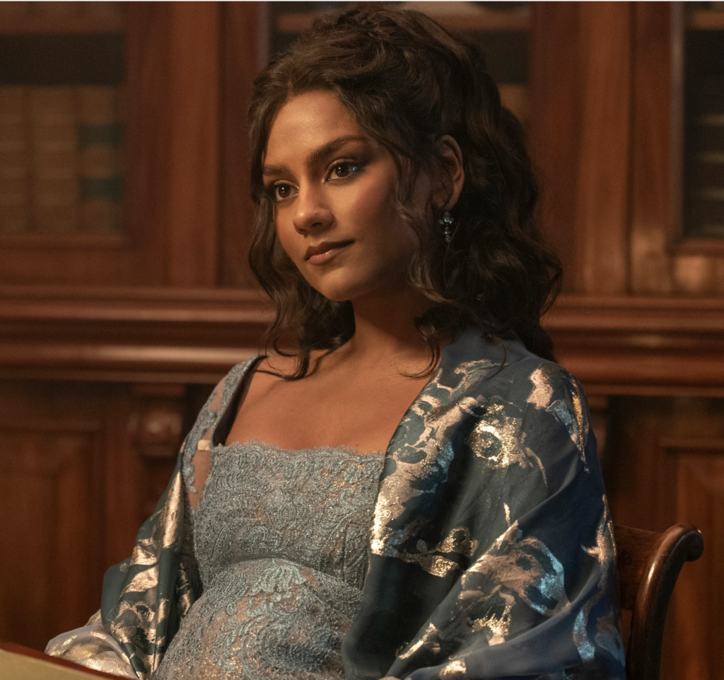 Simone Ashley as Kate Sharma Bridgerton Season 3 "Bridgerton" (2020-2024), The Viscountess Best Costumes, Gowns, Dresses, and Outfits, Blue Lace Dress with Blue Silver Shawl