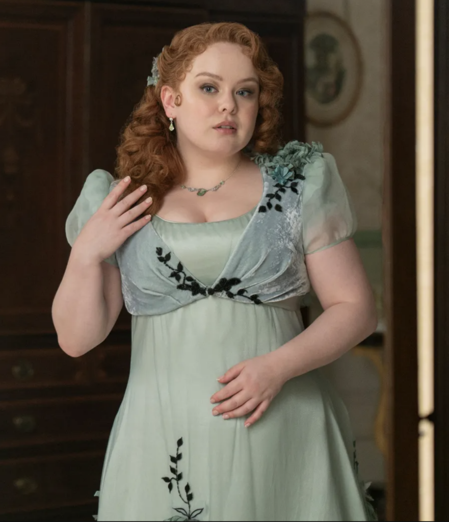 Nicola Coughlan as Penelope Featherington, Season 3 "Bridgerton" (2020-2024), Best Costumes, Gowns, Dresses, and Outfits, Green Promenade Flirting Dress