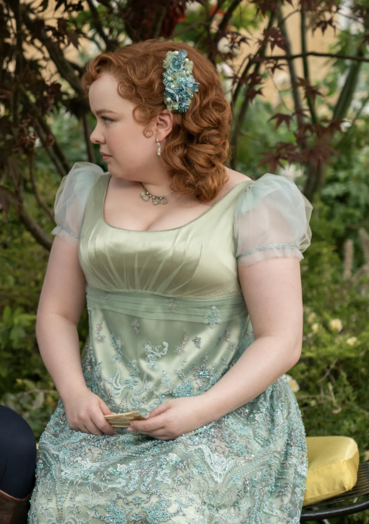 Nicola Coughlan as Penelope Featherington, Season 3 "Bridgerton" (2020-2024), Best Costumes, Gowns, Dresses, and Outfits, Green Garden Dress