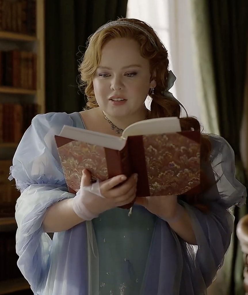 Nicola Coughlan as Penelope Featherington, Season 3 "Bridgerton" (2020-2024), Best Costumes, Gowns, Dresses, and Outfits, Library Dress