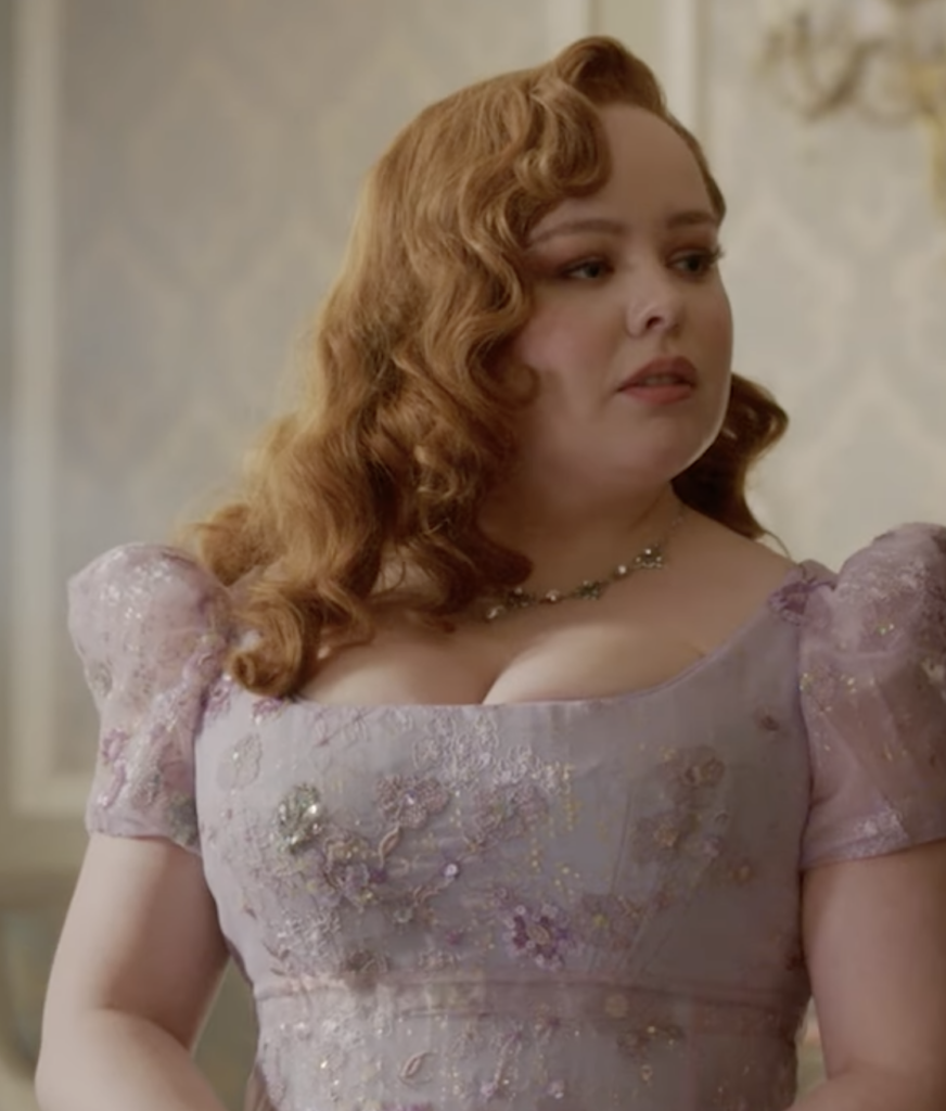 Nicola Coughlan as Penelope Featherington, Season 3 "Bridgerton" (2020-2024), Best Costumes, Gowns, Dresses, and Outfits, Purple Gown, Francesca's Wedding
