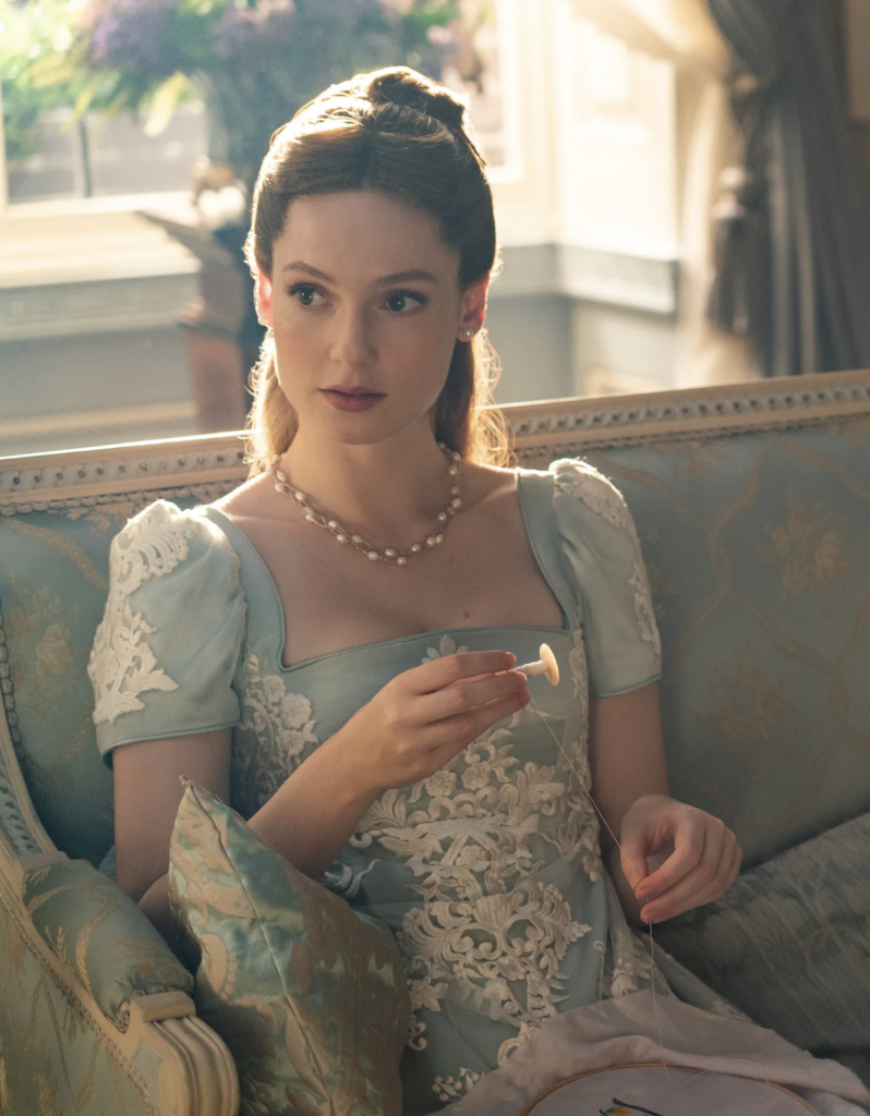 Hannah Dodd as Francesca, Season 3 "Bridgerton" (2020-2024), Best Costumes, Gowns, Dresses, and Outfits, Blue and White Lace Dress