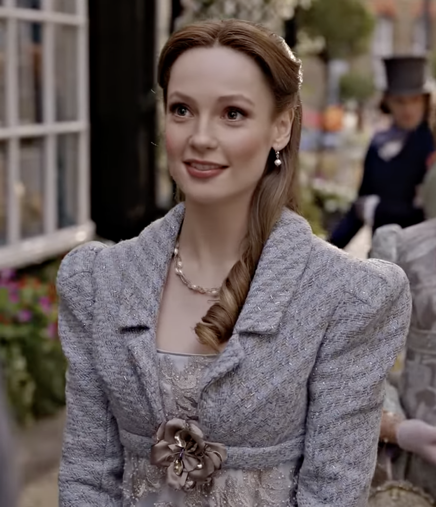 Hannah Dodd as Francesca, Season 3 "Bridgerton" (2020-2024), Best Costumes, Gowns, Dresses, and Outfits, Metallic Blue dress with matching spencer