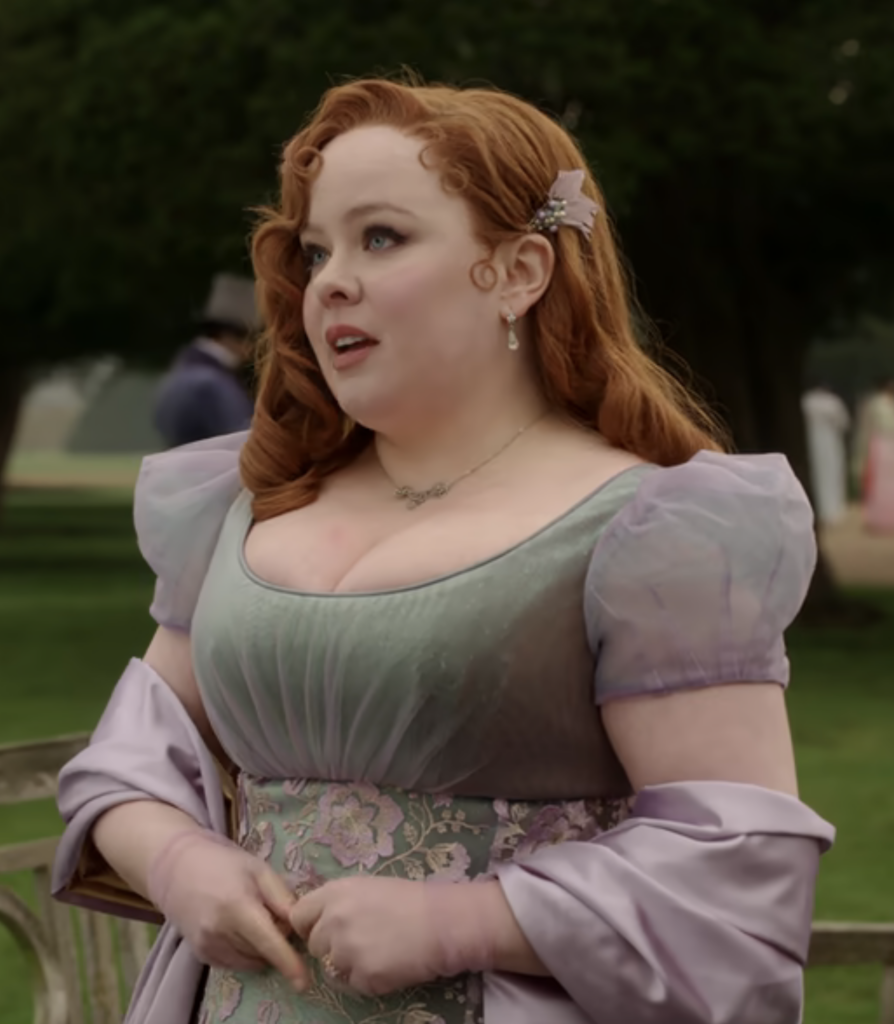 Nicola Coughlan as Penelope Featherington, Season 3 "Bridgerton" (2020-2024), Best Costumes, Gowns, Dresses, and Outfits, green and purple dress