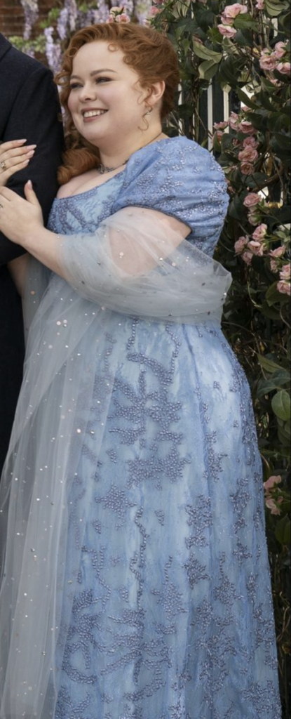 Nicola Coughlan as Penelope Featherington, Season 3 "Bridgerton" (2020-2024), Best Costumes, Gowns, Dresses, and Outfits, Blue Lace Dress