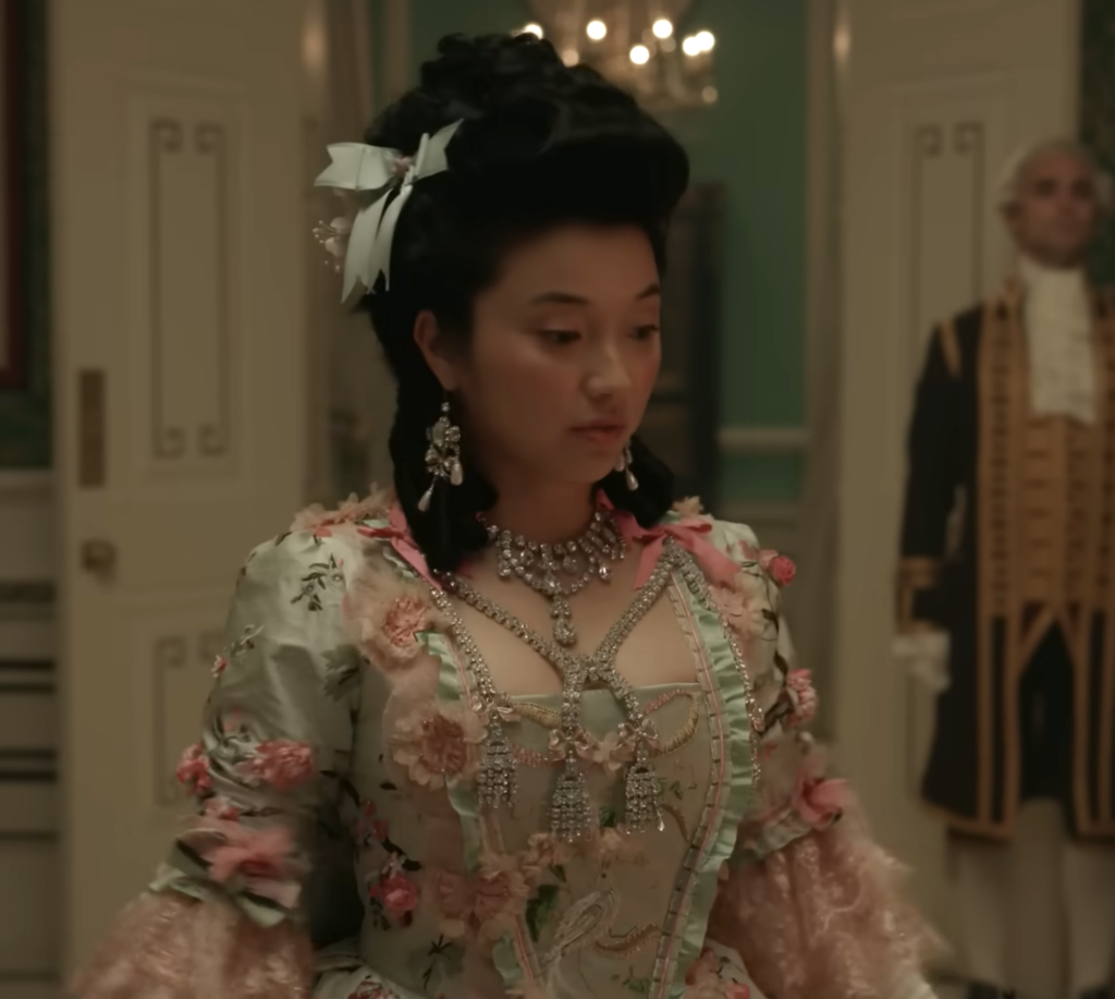 Michelle Mao as Rosamund Li dressed as Marie-Antoinette Ranking the Costumes Masquerade Ball “Bridgerton” Season 4