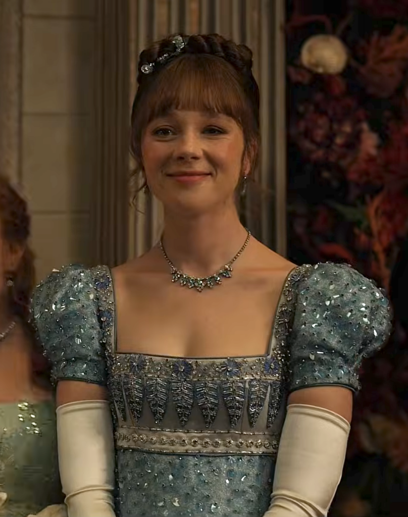 Claudia Jessie as Eloise Bridgerton, Season 4 "Bridgerton" (2020-2026), Best Costumes, Gowns, Dresses, and Outfits Blue and Silver Beaded Ball Gown