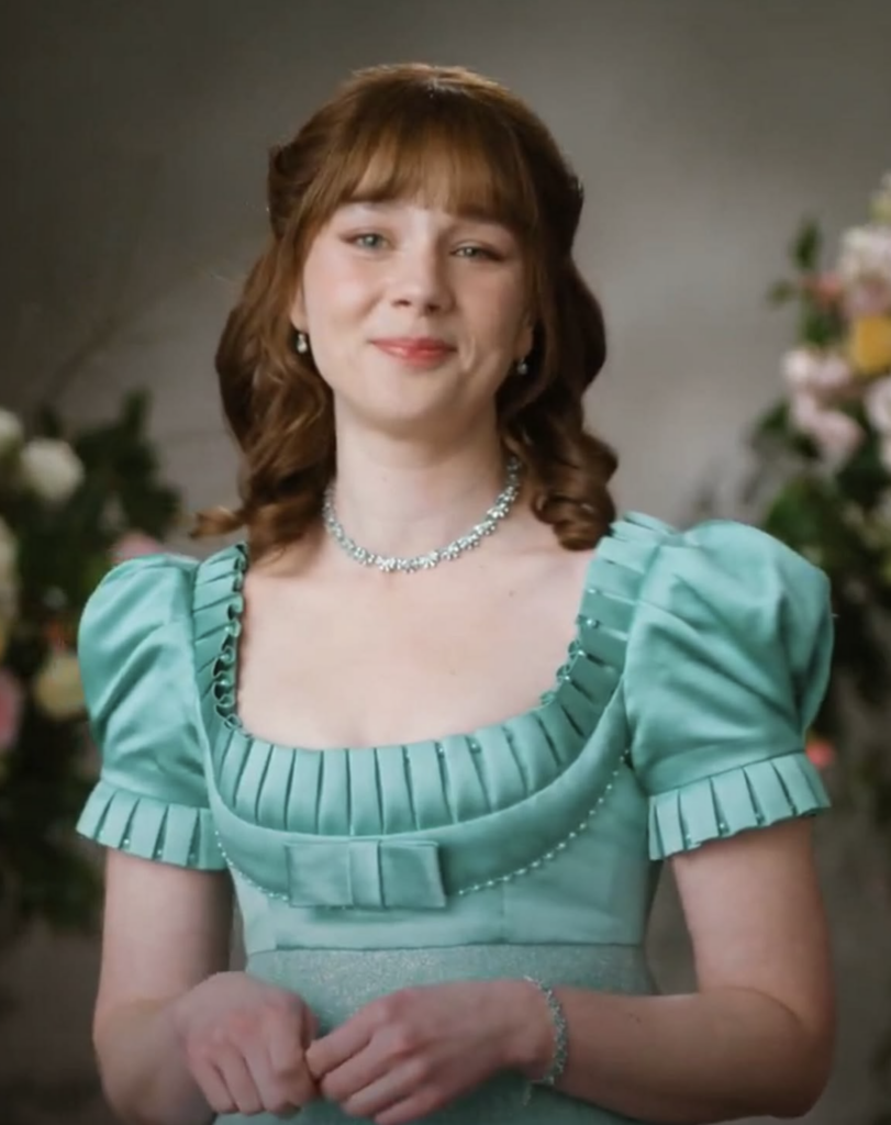 Claudia Jessie as Eloise Bridgerton, Season 4 "Bridgerton" (2020-2026), Best Costumes, Gowns, Dresses, and Outfits Green Pleated Dress