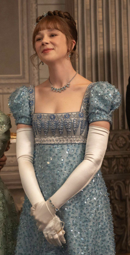 Claudia Jessie as Eloise Bridgerton, Season 4 "Bridgerton" (2020-2026), Best Costumes, Gowns, Dresses, and Outfits Blue and Silver Beaded Ball Gown