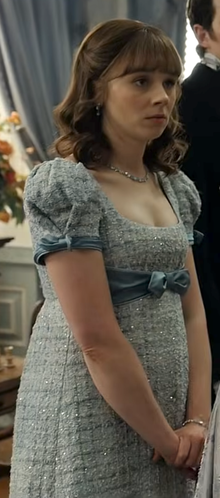 Claudia Jessie as Eloise Bridgerton, Season 4 "Bridgerton" (2020-2026), Best Costumes, Gowns, Dresses, and Outfits, Blue Tweed DRess