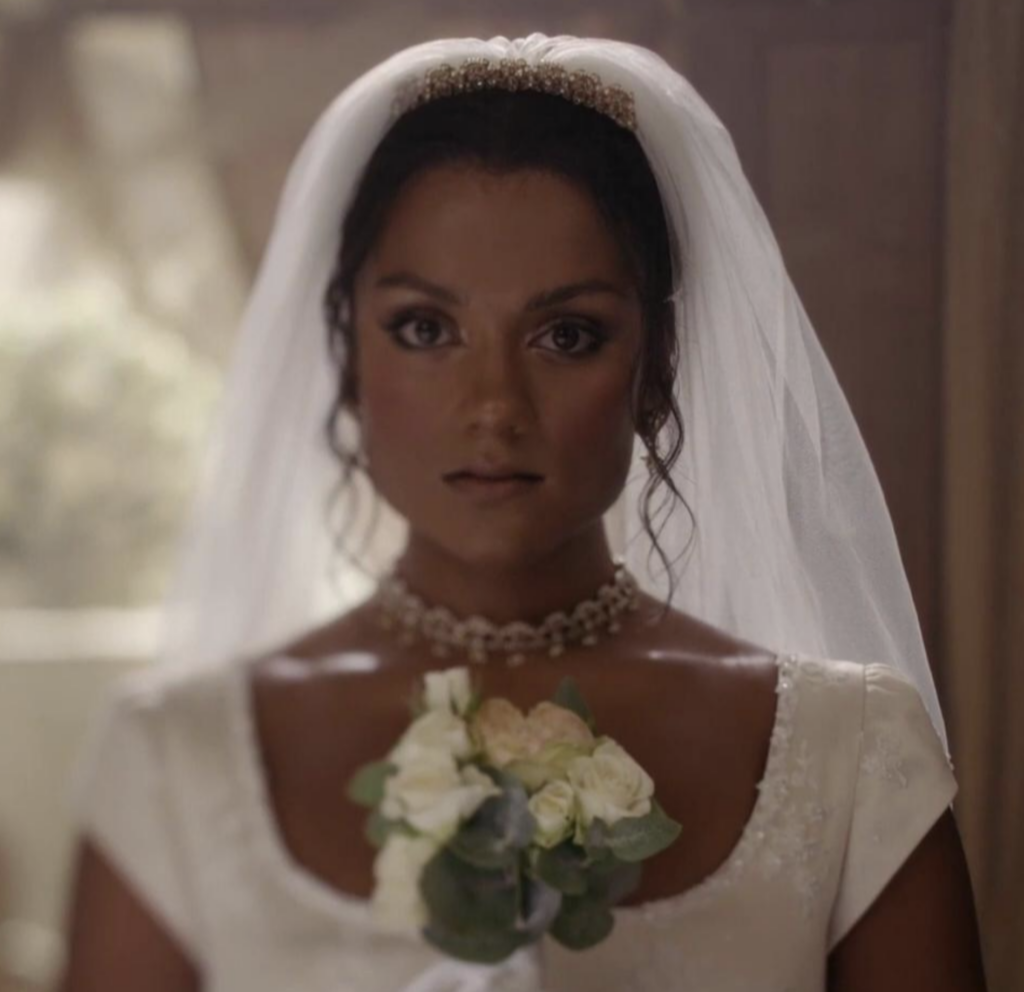 Simone Ashley as Kate Sharma wearing Edwina's wedding gown in Anthony's fantasy, "Bridgerton," Season 2 Ranking the Wedding Gowns from Bridgerton