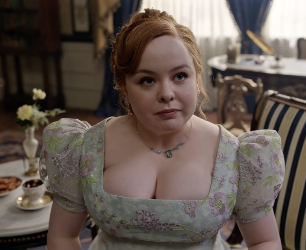 Nicola Coughlan as Penelope Bridgerton, Season 4 "Bridgerton" (2020-2026), Best Costumes, Gowns, Dresses, and Outfits The Light Green with Light Purple Flowers Dress