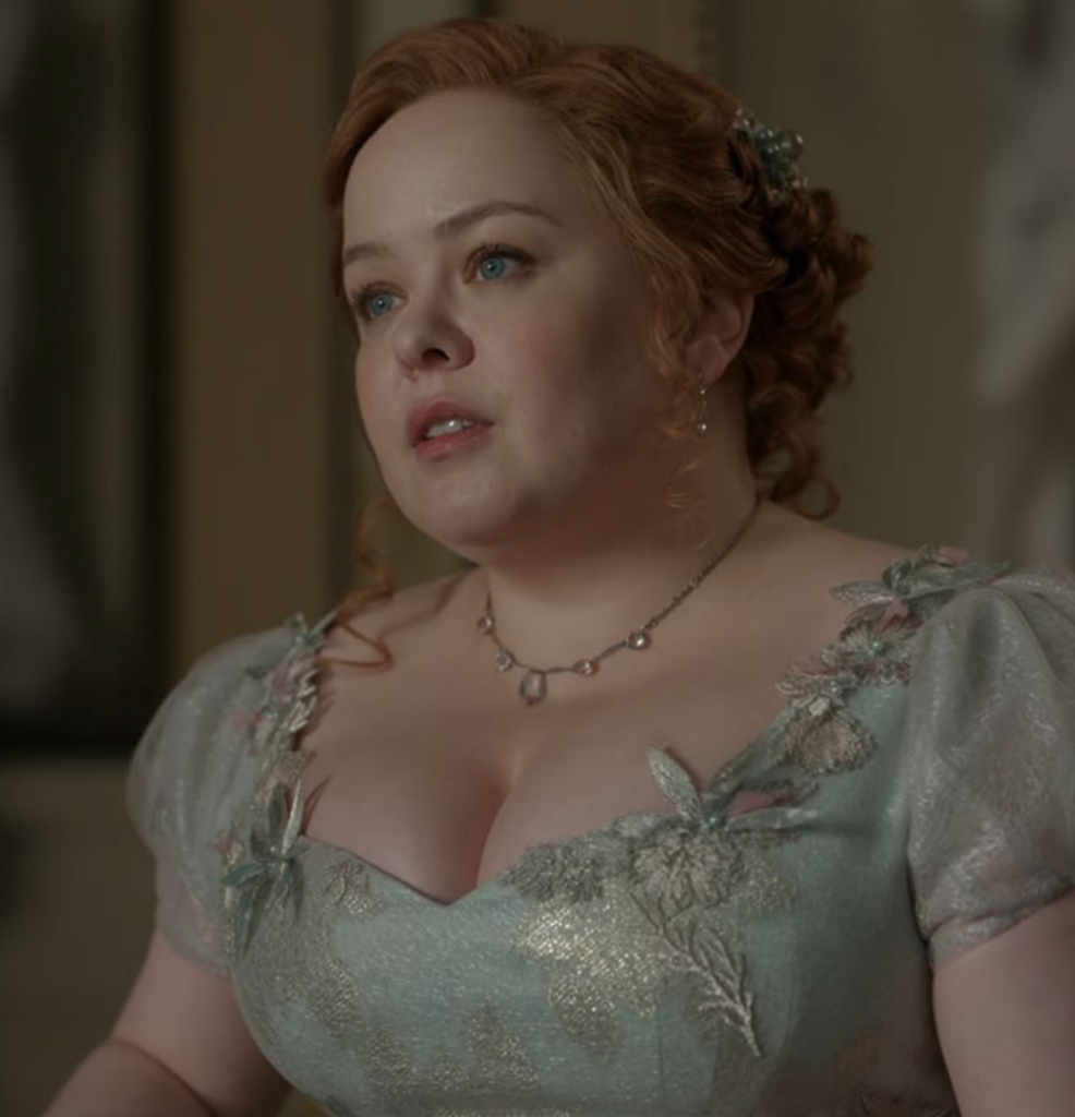 Nicola Coughlan as Penelope Bridgerton, Season 4 "Bridgerton" (2020-2026), Best Costumes, Gowns, Dresses, and Outfits, Muted Metallic Turquoise Dress