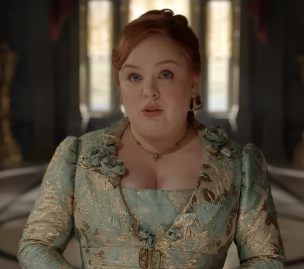 Nicola Coughlan as Penelope Bridgerton, Season 4 "Bridgerton" (2020-2026), Best Costumes, Gowns, Dresses, and Outfits, Turquoise and Gold Patterned Outfit with coat