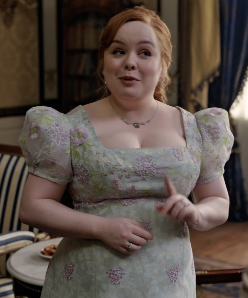 Nicola Coughlan as Penelope Bridgerton, Season 4 "Bridgerton" (2020-2026), Best Costumes, Gowns, Dresses, and Outfits, Light Green Dress with Light Purple Flowers