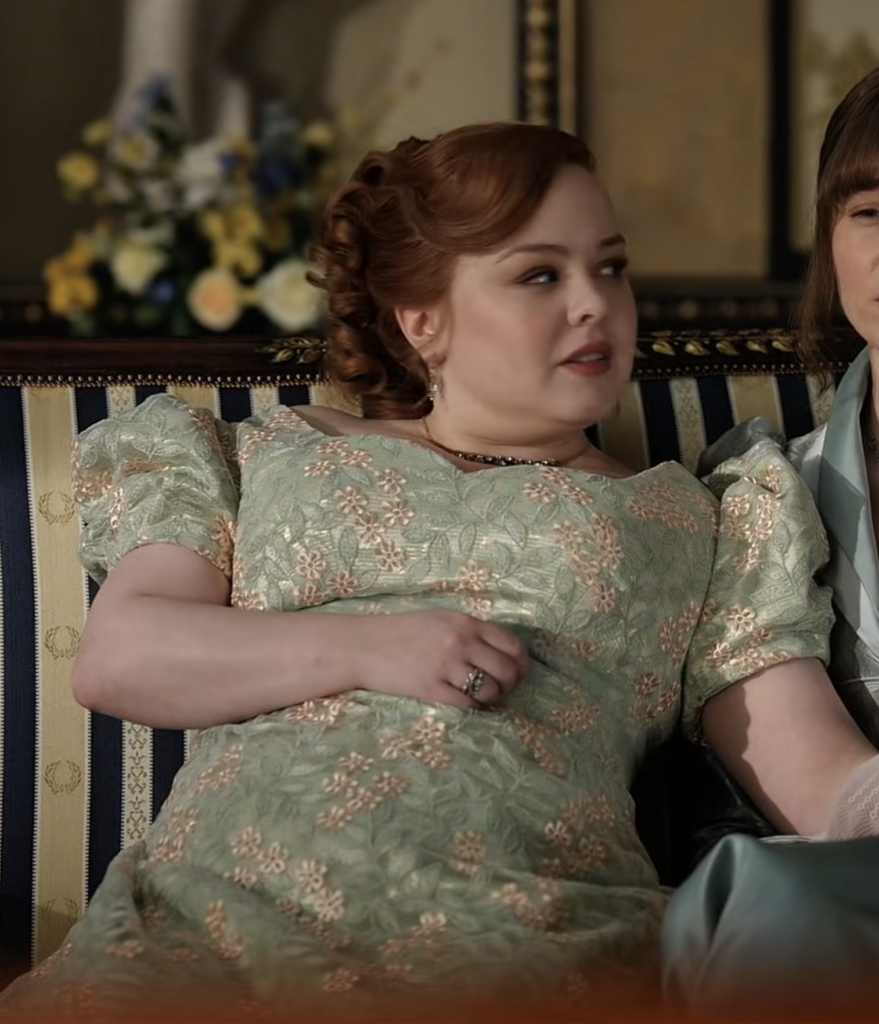 Nicola Coughlan as Penelope Bridgerton, Season 4 "Bridgerton" (2020-2026), Best Costumes, Gowns, Dresses, and Outfits, Light Green with Peach Flowers Dress